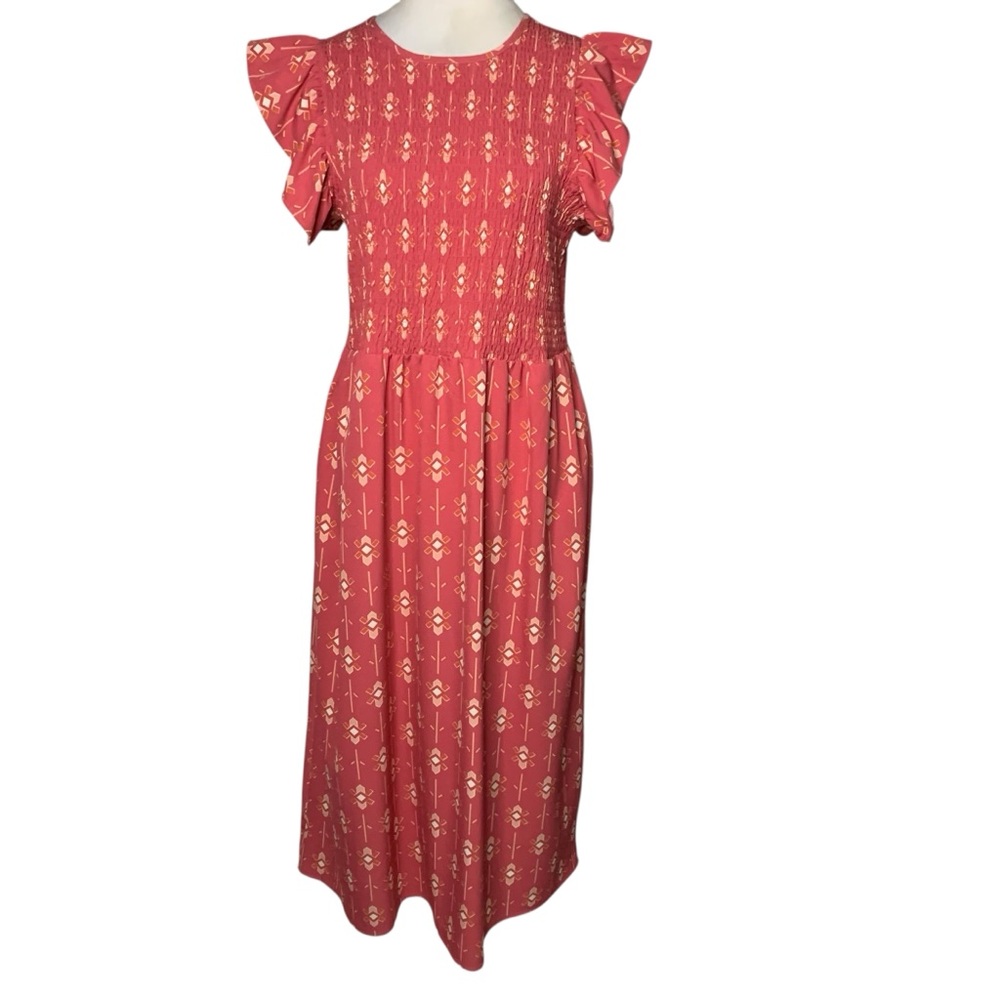 Michelle McDowell Medium Pink Print Ruffle Cap Sleeve Smocked Midi Dress